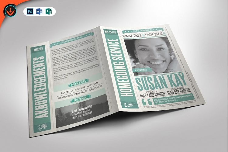 Newspaper Funeral Program Photoshop word Publisher Template