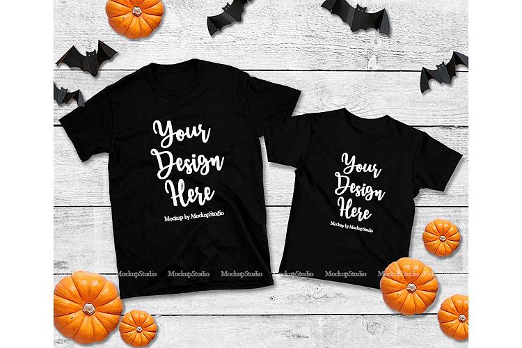 Halloween Family Matching Two Double Black T-Shirts Mockup