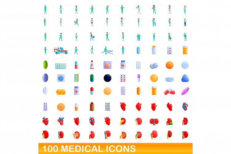 100 medical icons set, cartoon style example image 1