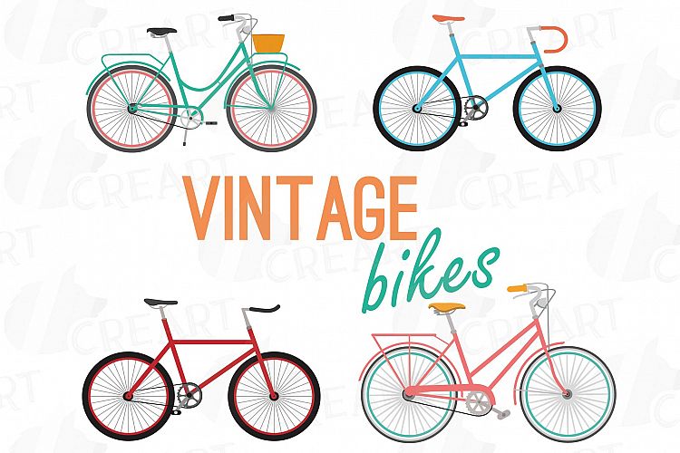 Colorful bicycles clip art pack, vintage bikes collection. PNG, jpg, svg, vector illustrator & corel files included, instant download