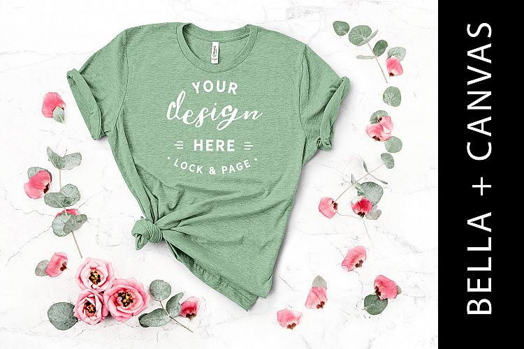 Heather Prism Mint Floral Bella Canvas 3001 Tshirt Mockup