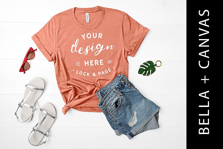 Sunset Bella Canvas 3001 T Shirt Mockup Flat Lay Girl Shirt