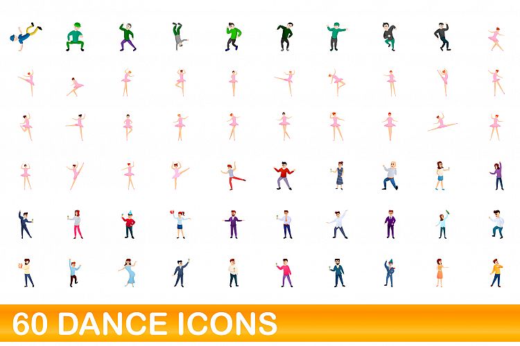 60 dance icons set, cartoon style example image 1