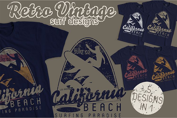 Retro Vintage Surf Designs 5 Color Variations 