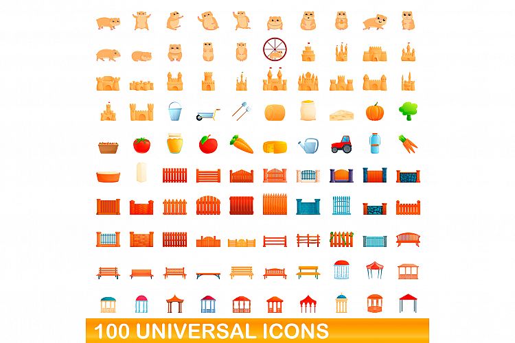 100 universal icons set, cartoon style example image 1