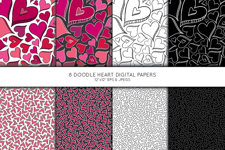 Doodle Heart Digital Paper, Seamless pattern, Scrapbook