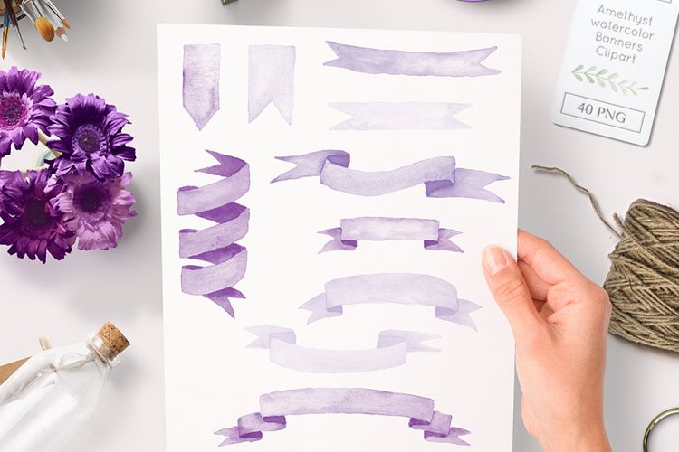 watercolor ribbons and banner clipart purple lilac graphics