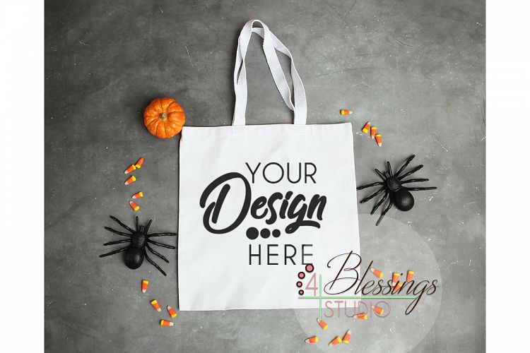 White Halloween Tote Bag Mockup Trick or Treat Bag Mock Up