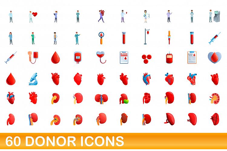 60 donor icons set, cartoon style example image 1