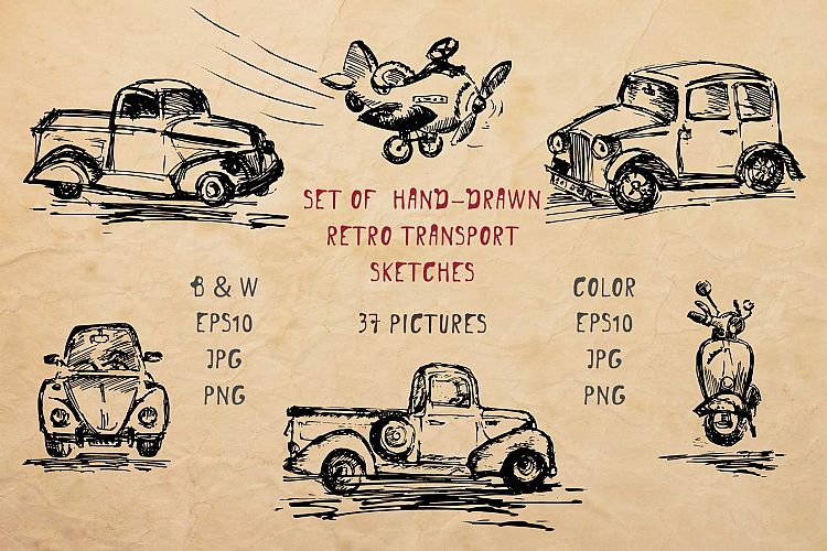 Set of hand-drawn retro transport ink sketches