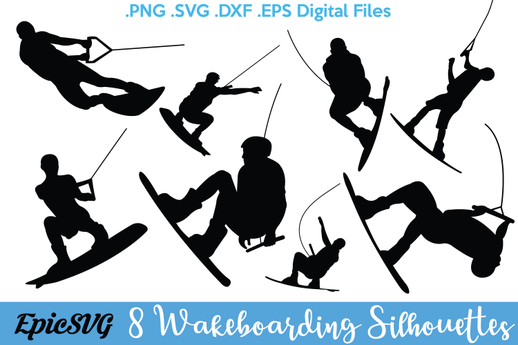 8 Wakeboarding Silhouettes | .SVG .PDF .EPS .dxf .png | Wakeboard Vector Graphic Silhouette Cameo Cricut Clipart