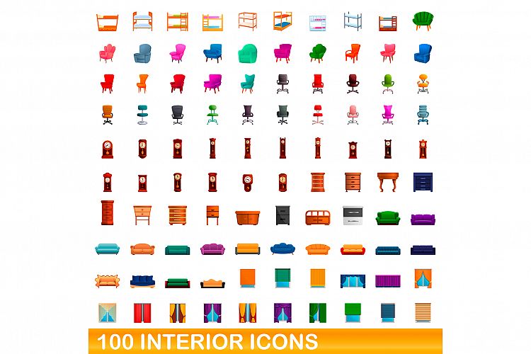 100 interior icons set, cartoon style example image 1