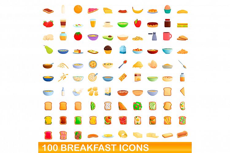 100 breakfast icons set, cartoon style example image 1