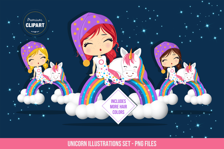 Unicorn graphics, Girl and unicorn illustrations
