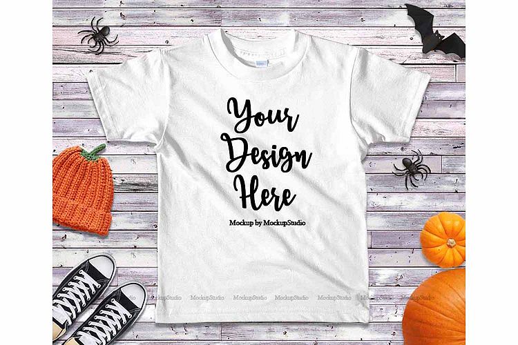 Halloween Fall White Kids Shirt Mockup Teen Flat Lay Display