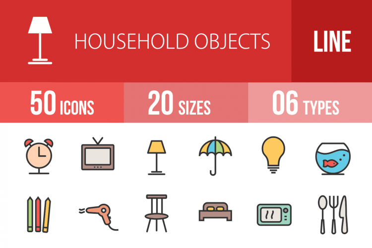 50 Household Objects Linear Multicolor Icons