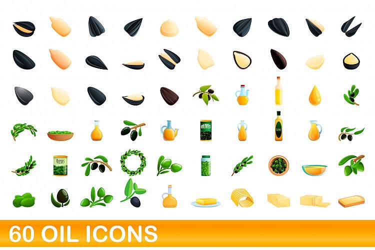 60 oil icons set, cartoon style example image 1