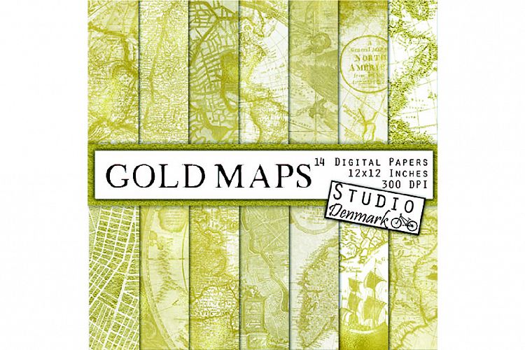 Gold Maps Digital Paper - 14 Antique Gold Leaf Maps