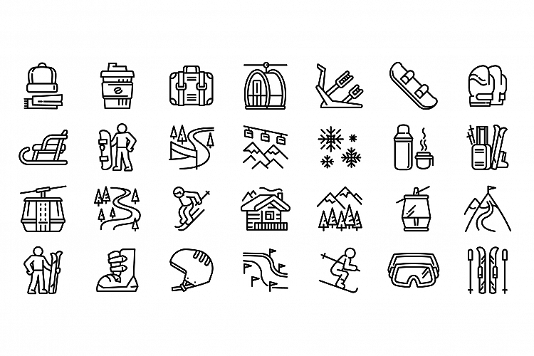 Ski resort icons set, outline style