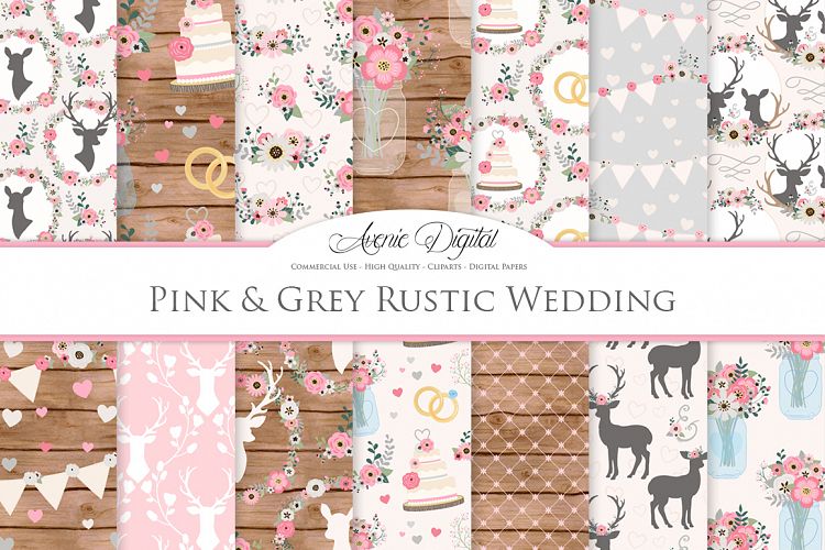 Pink and Grey Wedding Digital Paper - Gray and Pink Rustic Wedding Deer Seamless Patterns