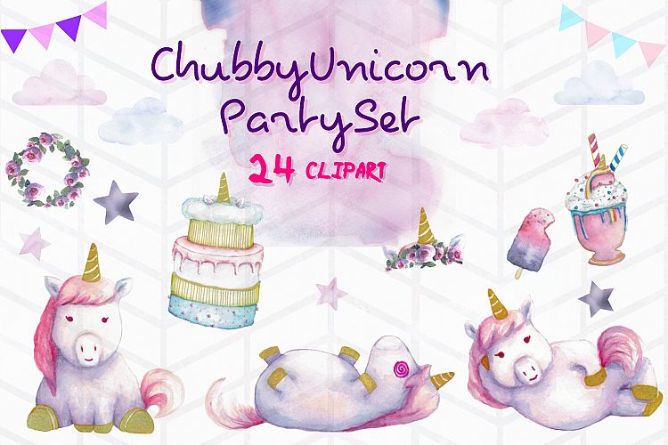 Hand painted Chubby Unicorn Party Clipart