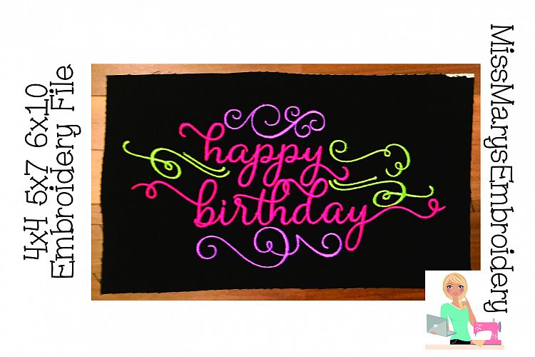 Happy Birthday with Swirls Embroidery File