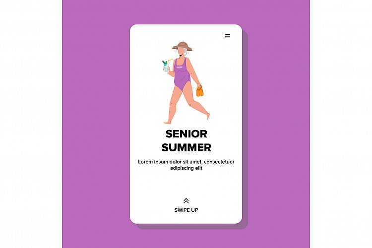 Woman Senior Have Summer Vacation On Beach Vector example image 1