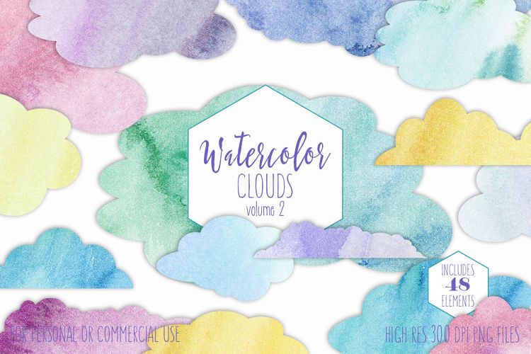 RAINBOW WATERCOLOR CLOUDS Clipart Commercial Use Watercolour Sky Clouds 48 Fluffy Pink Purple Blue Clouds Planner Sticker Graphics