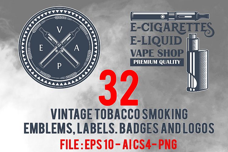 32 vintage tobacco smoking emblems, labels. badges and logos