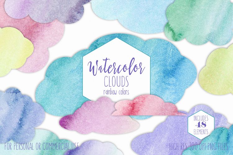 RAINBOW WATERCOLOR CLOUDS Clipart Commercial Use Watercolour Sky Clouds 48 Fluffy Pink Purple Blue Clouds Planner Sticker Graphics