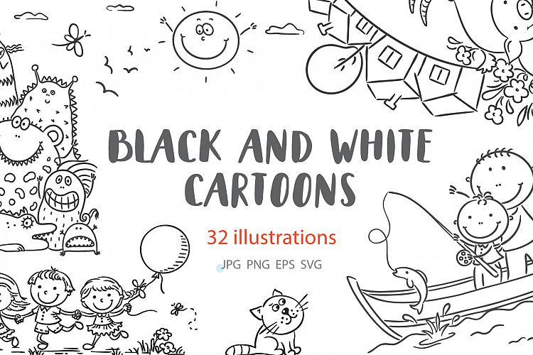 Black and white cartoon illustrations