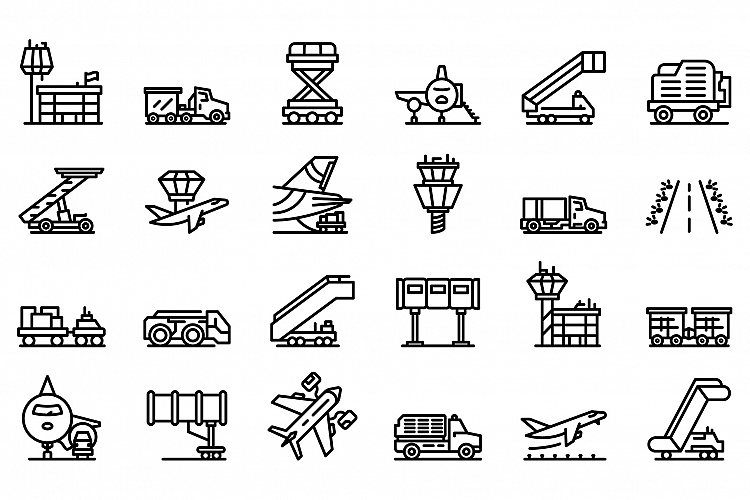 Airport ground support service icons set, outline style