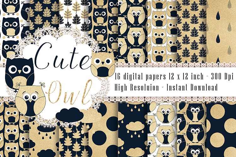 16 Cute Owl Pattern Gold Foil and Navy Blue Digital Papers