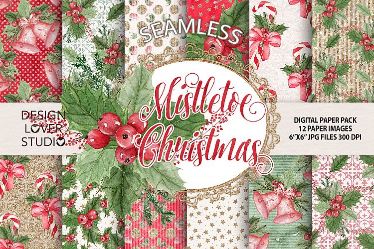 Watercolor Mistletoe Christmas hand painted digital papers