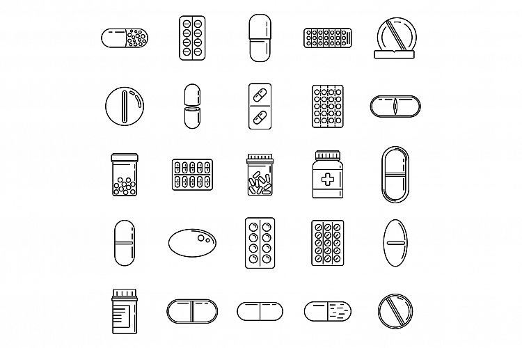 Medical pill icons set, outline style example image 1