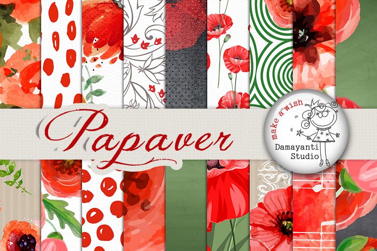 Poppy Flower Digital Paper, patterned paper, watercolor flowers, seamless pattern, poppies paper, scrapbooking paper, floral patterns, red