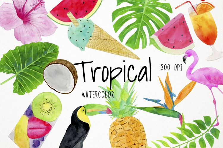 Watercolor Tropical Clipart, Flamingo Clipart, Summer Clipar