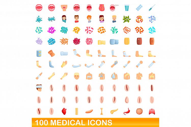 100 medical icons set, cartoon style example image 1