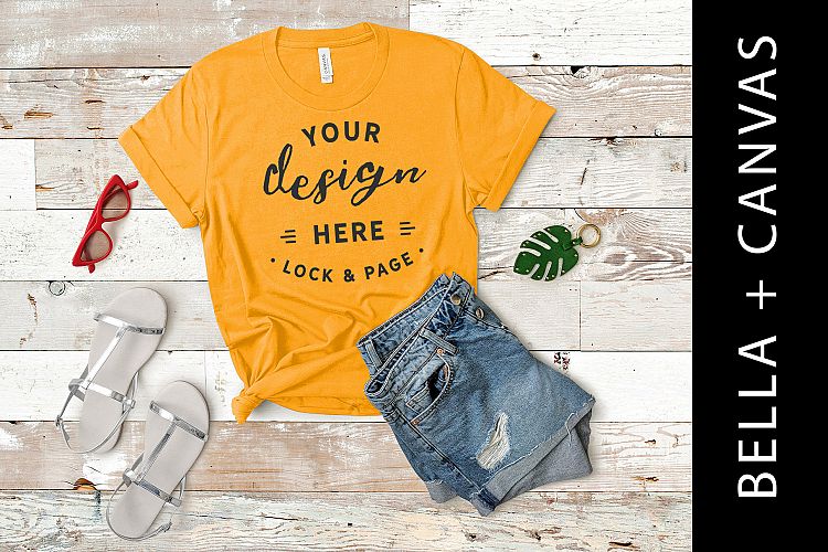 Gold T Shirt Mockup Bella Canvas 3001 Girls Fashion Flat Lay