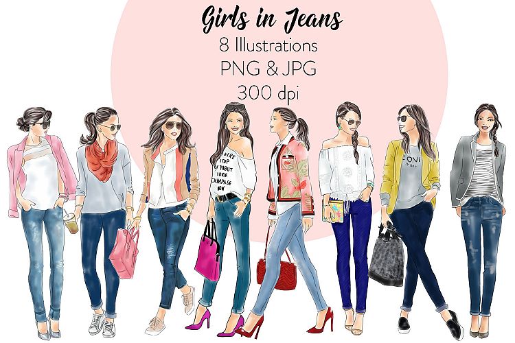 Girls in jeans watercolor fashion illustration clipart