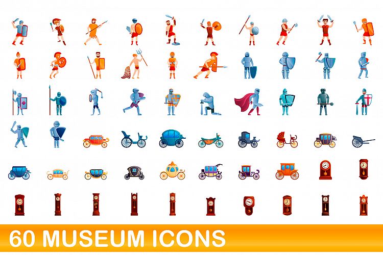 60 museum icons set, cartoon style example image 1
