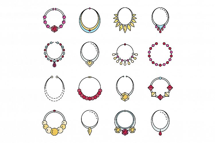 Necklace jewelry icon set line color vector example image 1