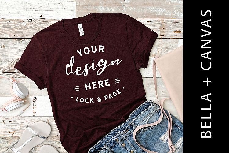 Heather Cardinal T-Shirt Mockup Bella Canvas 3001 Flat Lay
