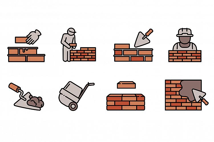 Masonry worker icons set, outline style example image 1
