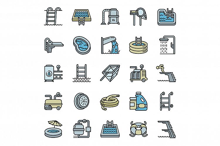 Pool equipment icons set, outline style example image 1