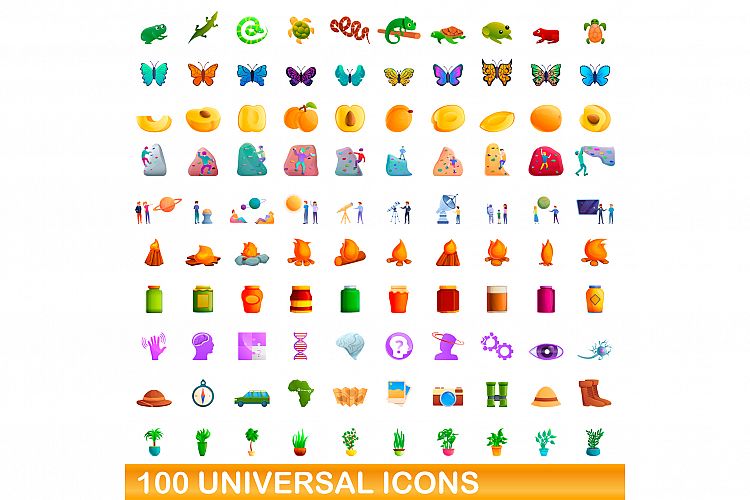 100 universal icons set, cartoon style example image 1