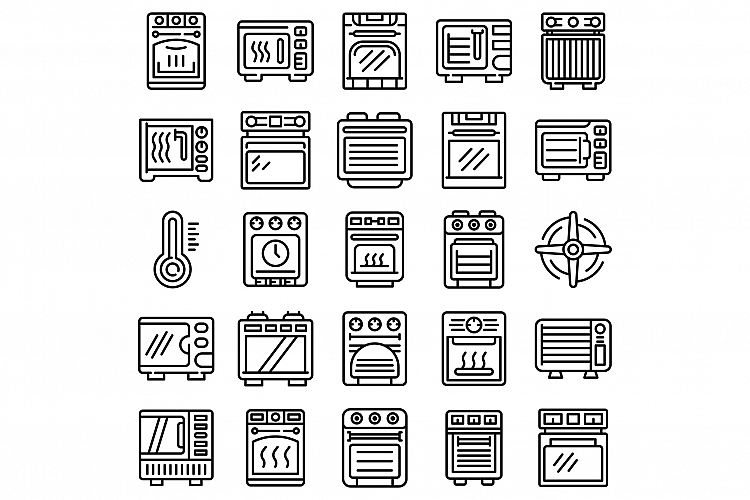 Convection oven icons set, outline style