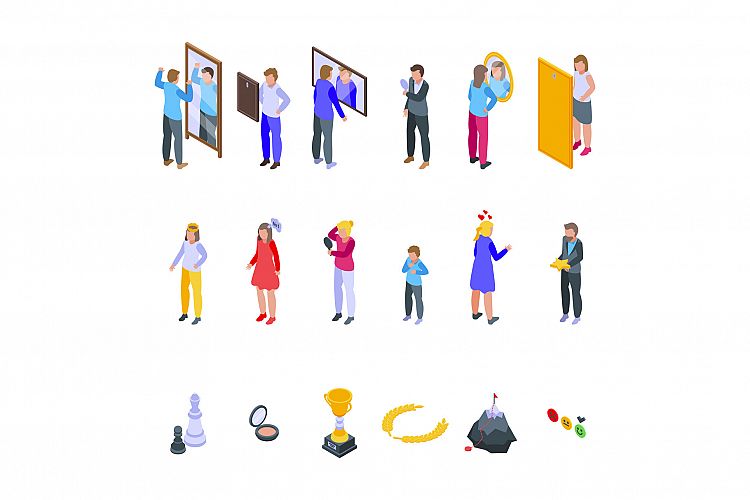 Self-esteem icons set, isometric style example image 1