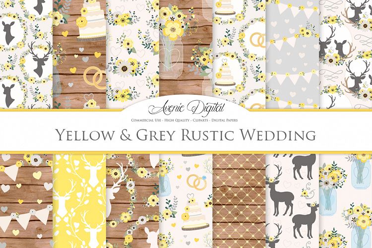 Yellow and Gray Wedding Digital Paper - Yellow Rustic Deer Wedding Seamless Patterns