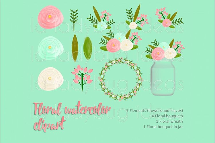 Coral and mint floral watercolor clip art collection. 